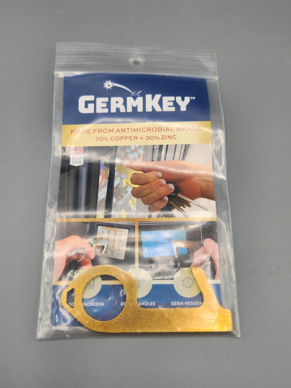 GermKey Made From Antimicrobial Brass. Touchless keypads, screens, handles