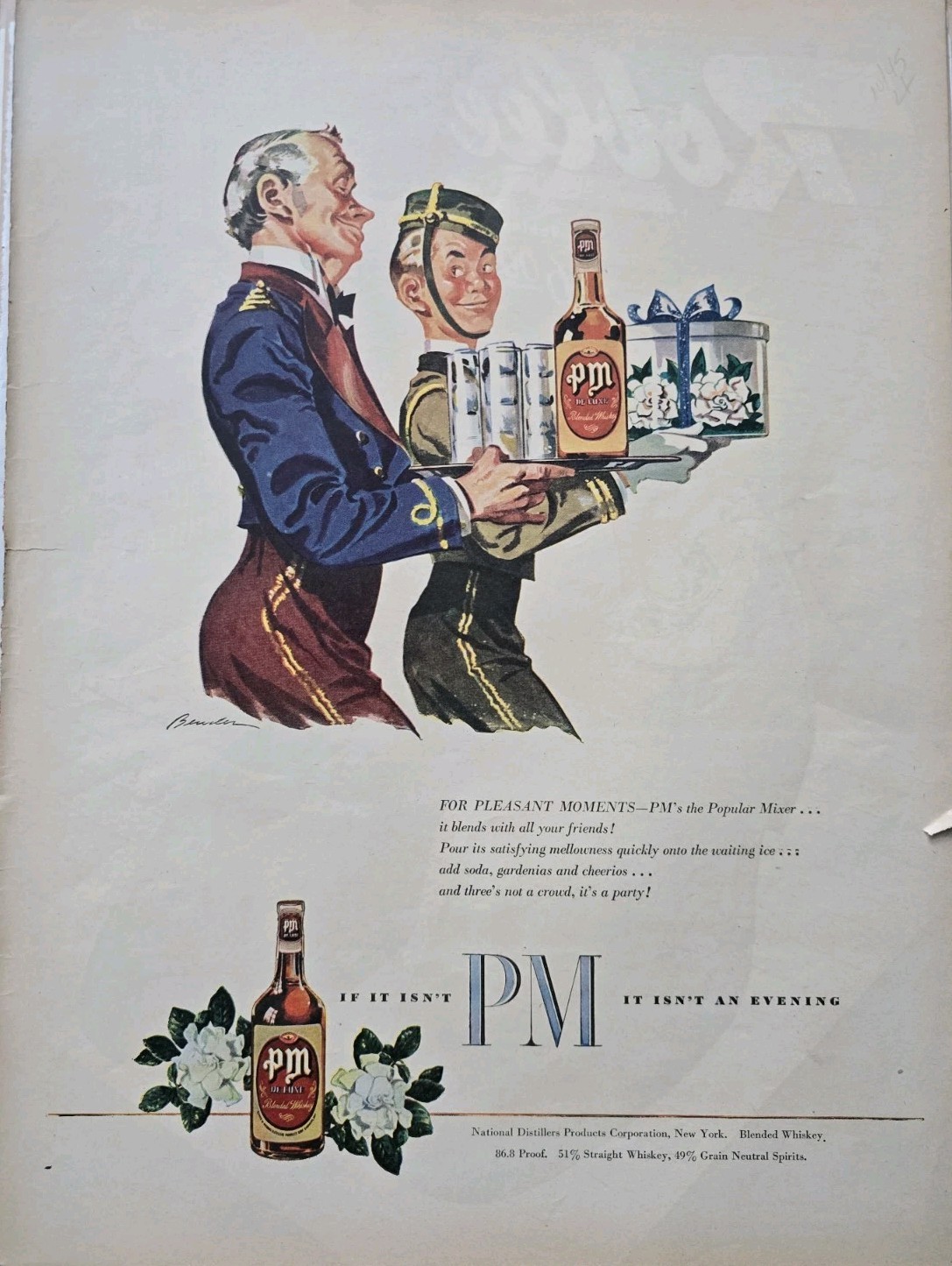 1940s PM Deluxe Blended Whiskey Waiter Bellhop Drinks Tray Vintage Ad