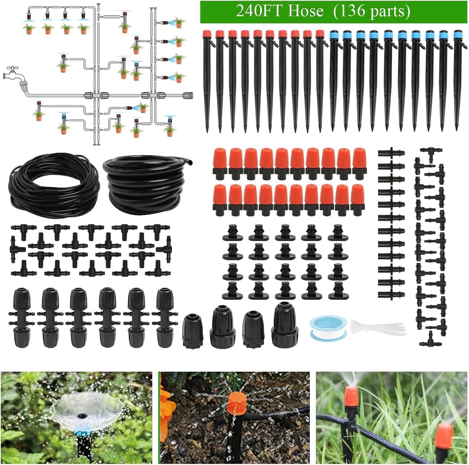 240FT Drip Irrigation System Kit, Automatic Garden Watering Misting System fo...