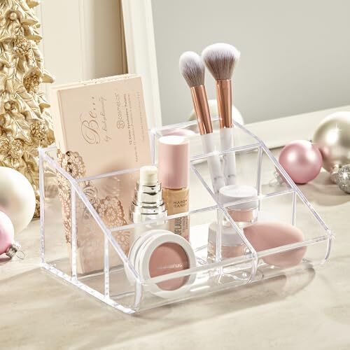 Clear Plastic Vanity Makeup Organizer | 6-Compartment Holder for Brushes,