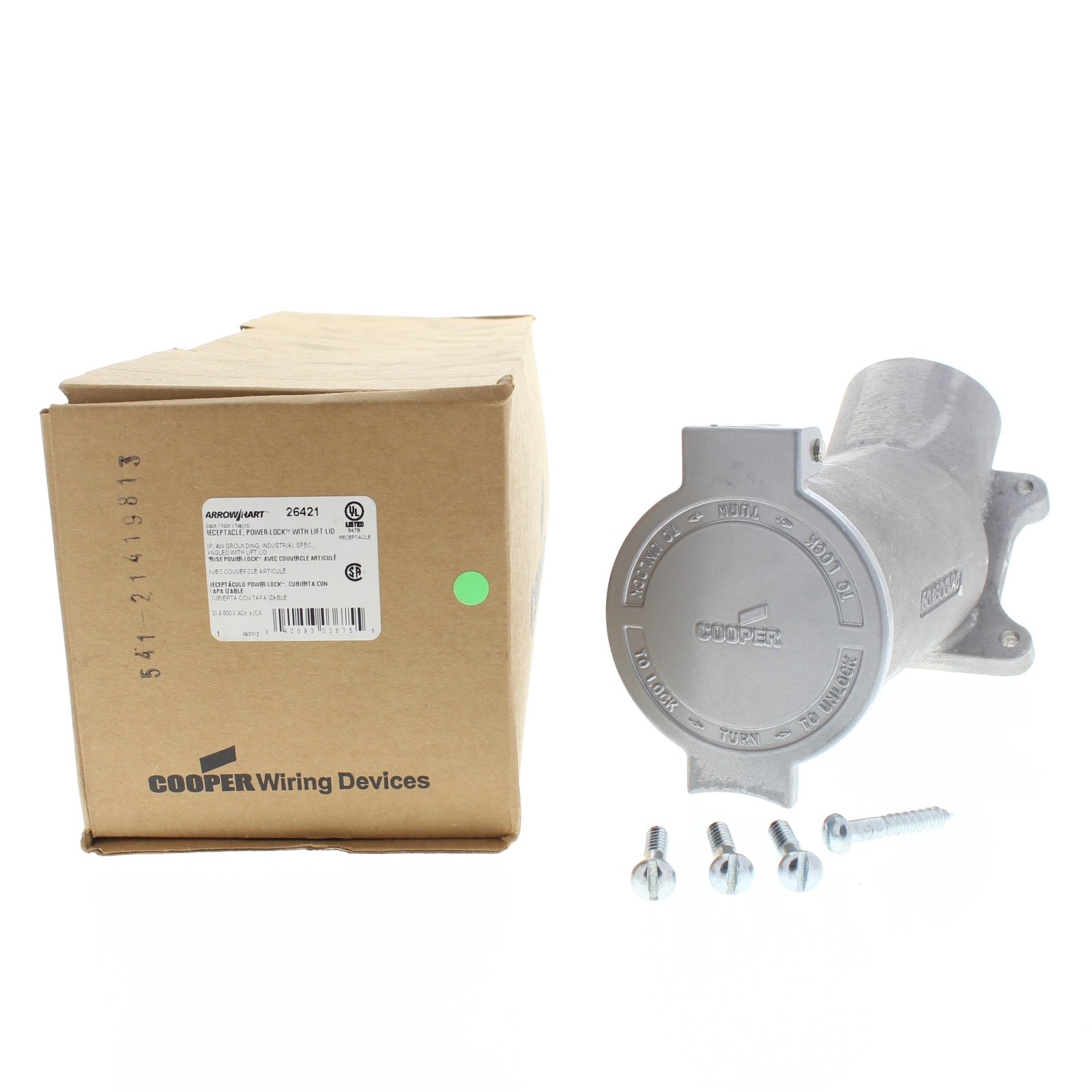 Cooper 26421 Gray Industrial Receptacle Angled W/Lid Powerlock 60A 600V 3P4W