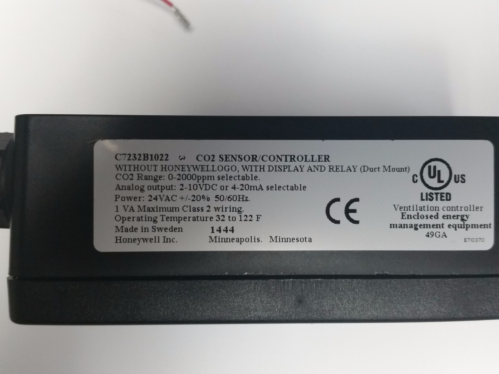 Honeywell C7232B1022 Sensor and Controller Carbon Dioxide Sensor
