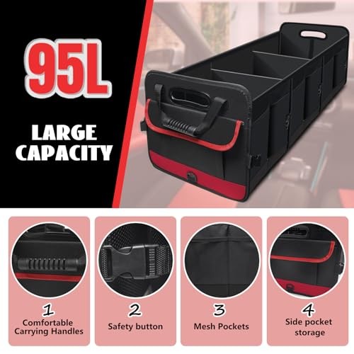 Car Trunk Organizer,Heavy Duty Collapsible 95 L Capacity Car Trunk Red 95L