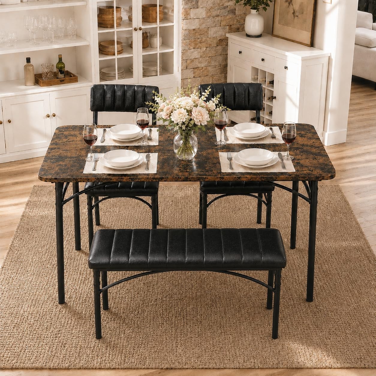 Dining Table Set 4 Kitchen Table W/ 2 Upholstered Chairs & Padded Bench