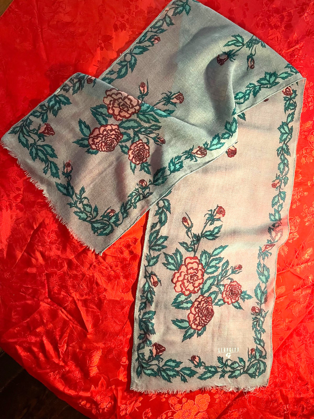 Silk Georgiou Scarf with Rose and Leaf Pattern 52 in