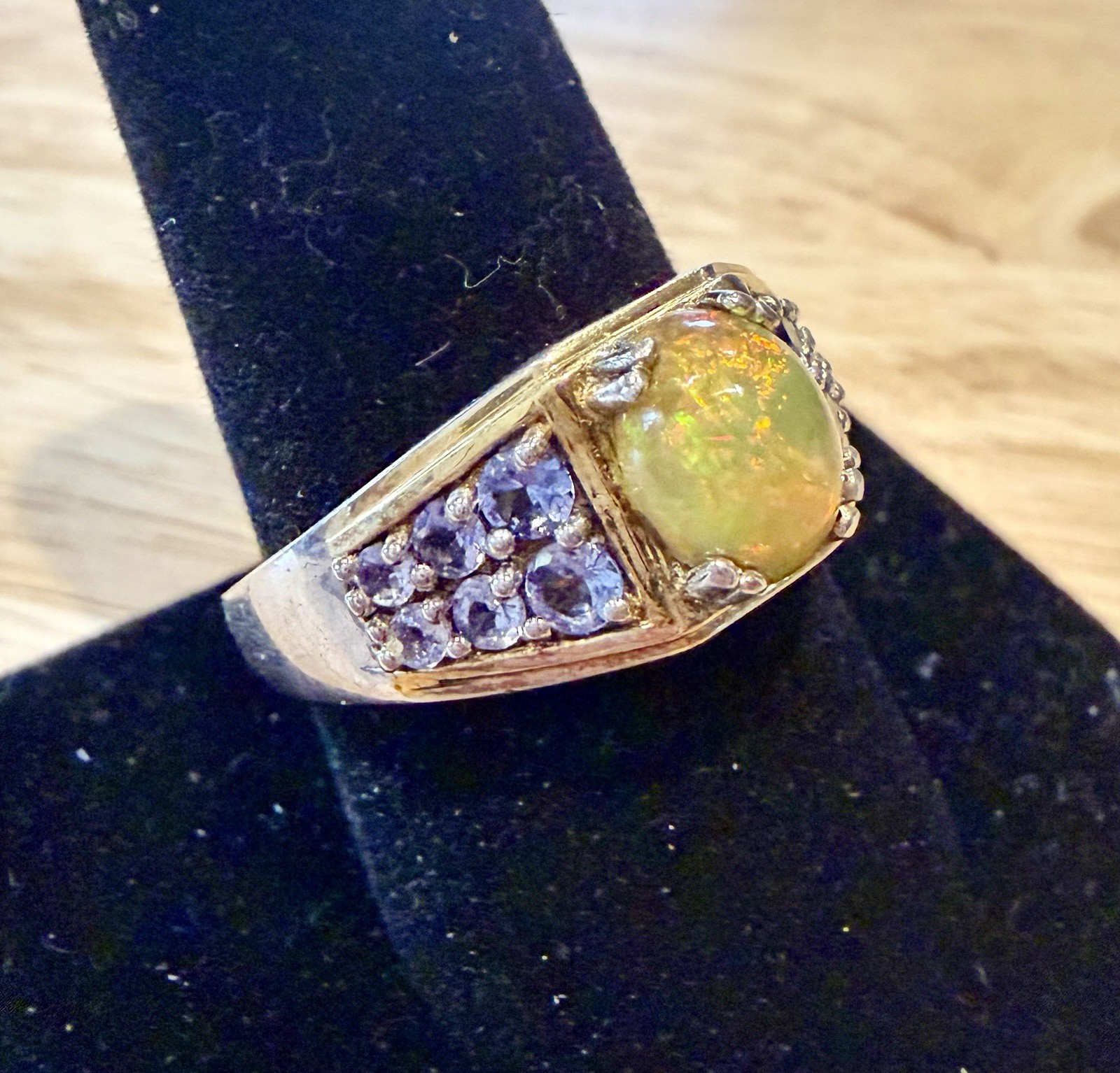 Men’s Fire Opal Ring. With Amethyst Stone On Shoulders. Set In Sterling Silver.