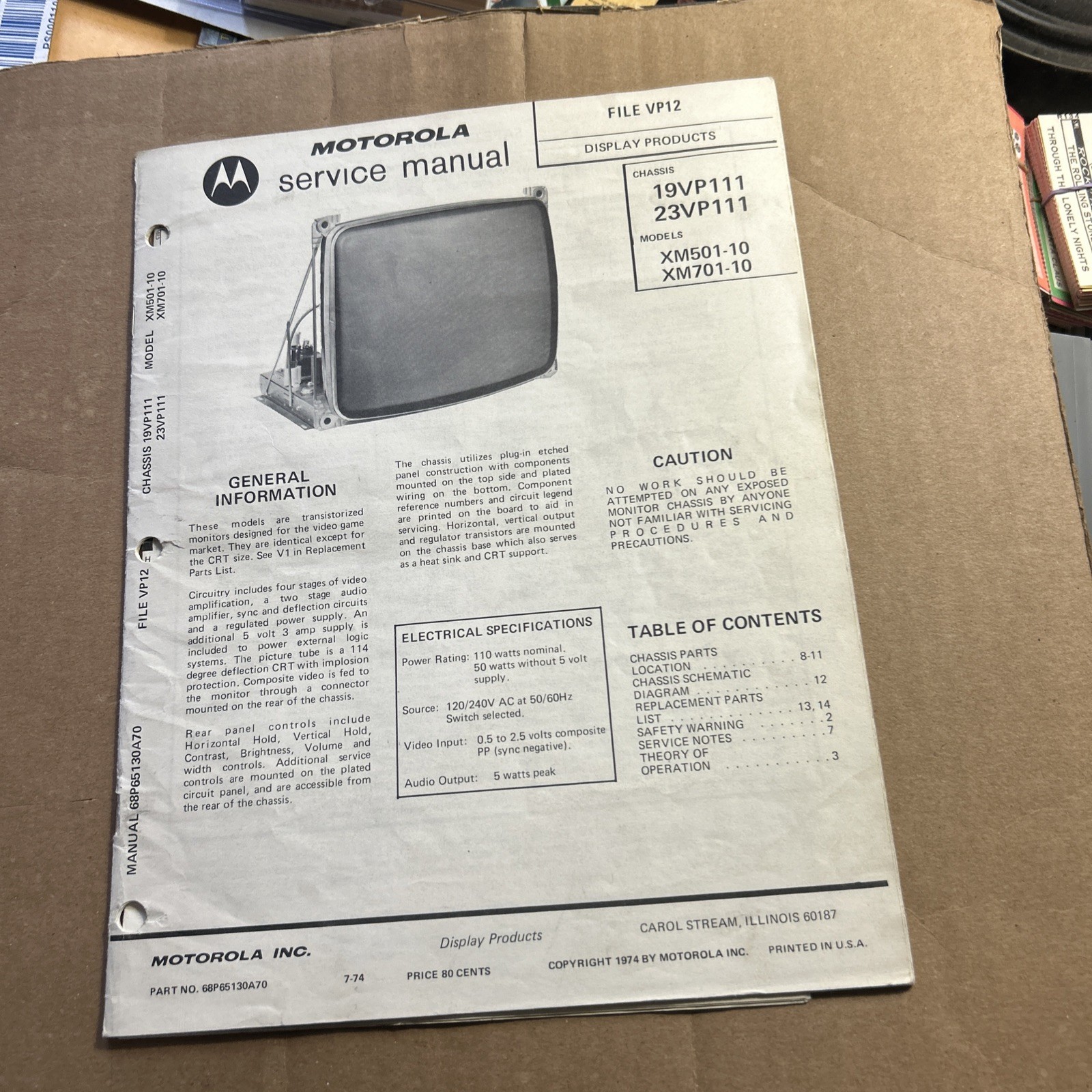 Motorola 19 Vp111 23Vp 111 Monitor arcade game owners manual