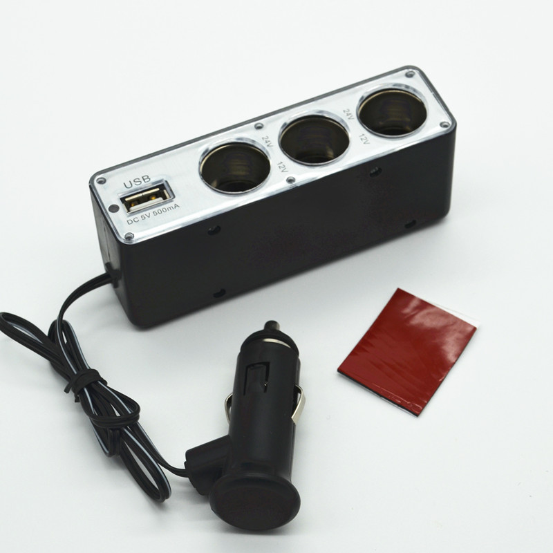 Car 3 Socket 1 USB Power Supply Cigarette Lighter Splitter Plug Charger Adapter