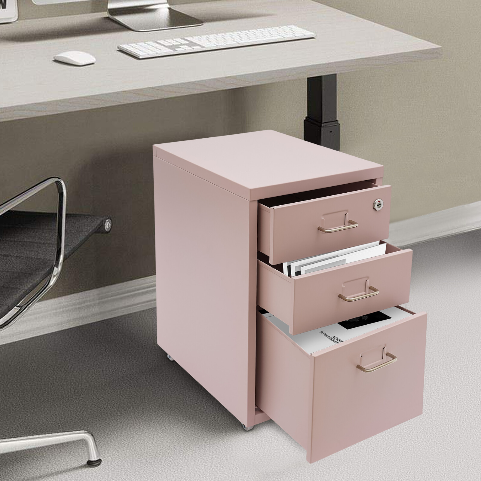 Pink File Cabinet Rolling 3-Drawer Locking Steel Mobile Desk Storage Organizer