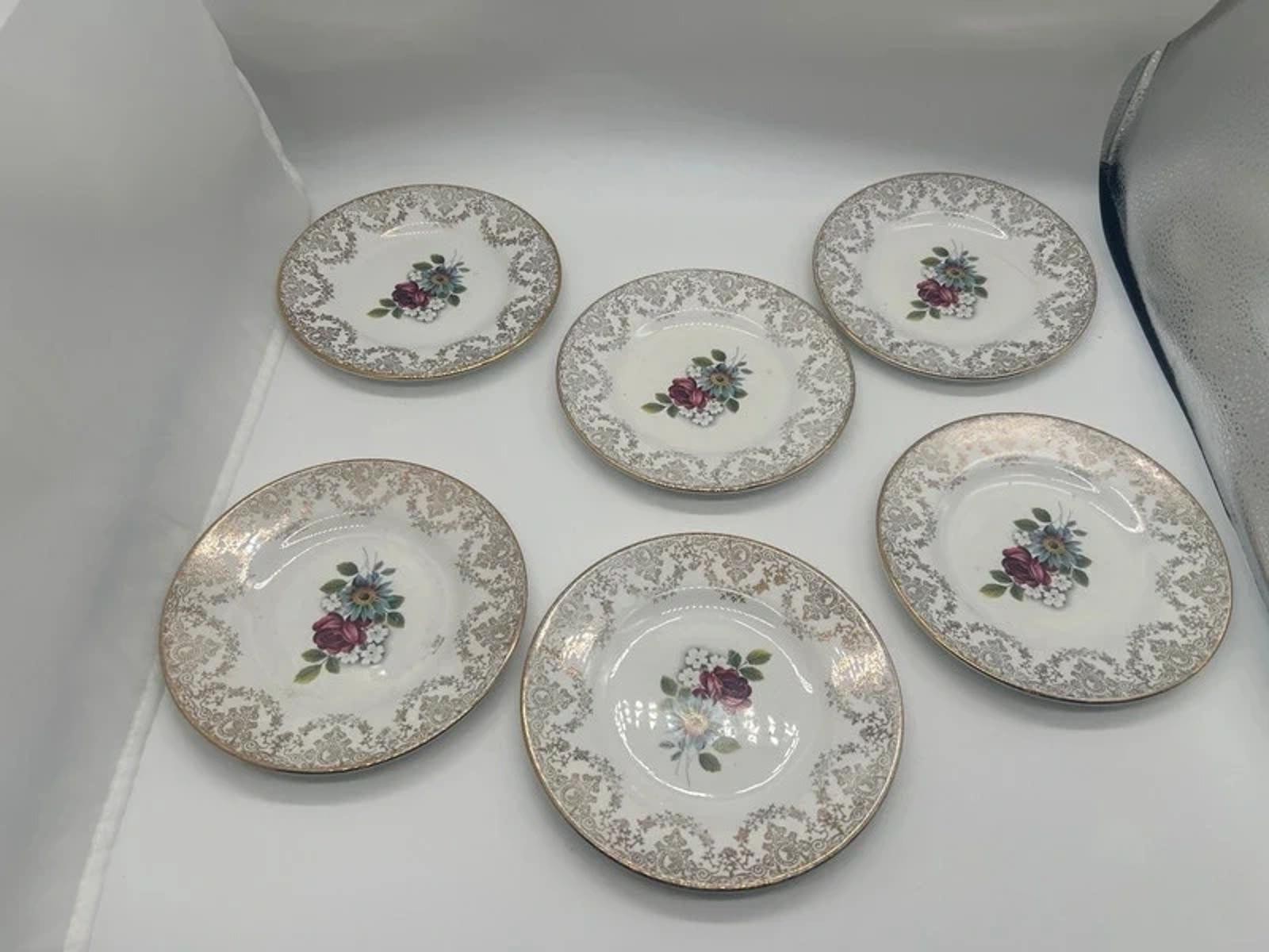 Hostess tableware plates dish x6 floral gold antique