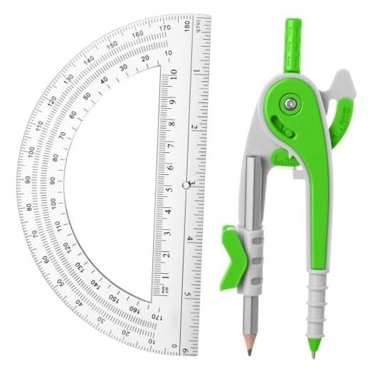 Student Geometry Math Set, Drawing Compass and 6 Inch Clear Swing Arm Green