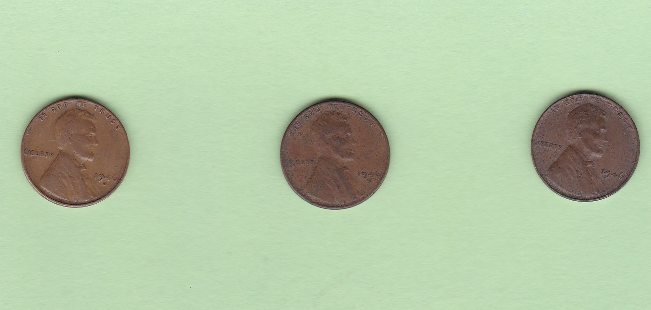 1946 P D S  P-D-S LINCOLN WHEAT PENNY 1 CENT SET 3 COINS TOGETHER .99 Shipping