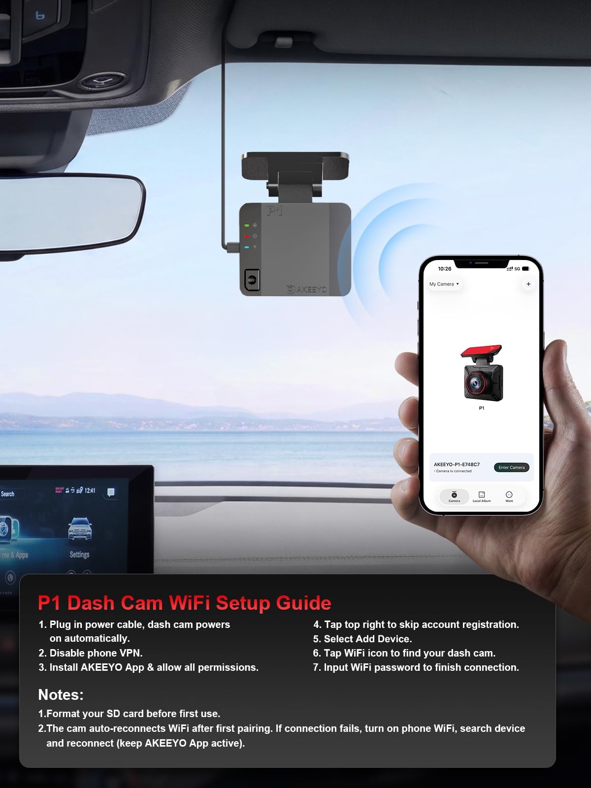 AKEEYO P1 Mini Dash Cam – Super Compact Front Camera dash camera, Black
