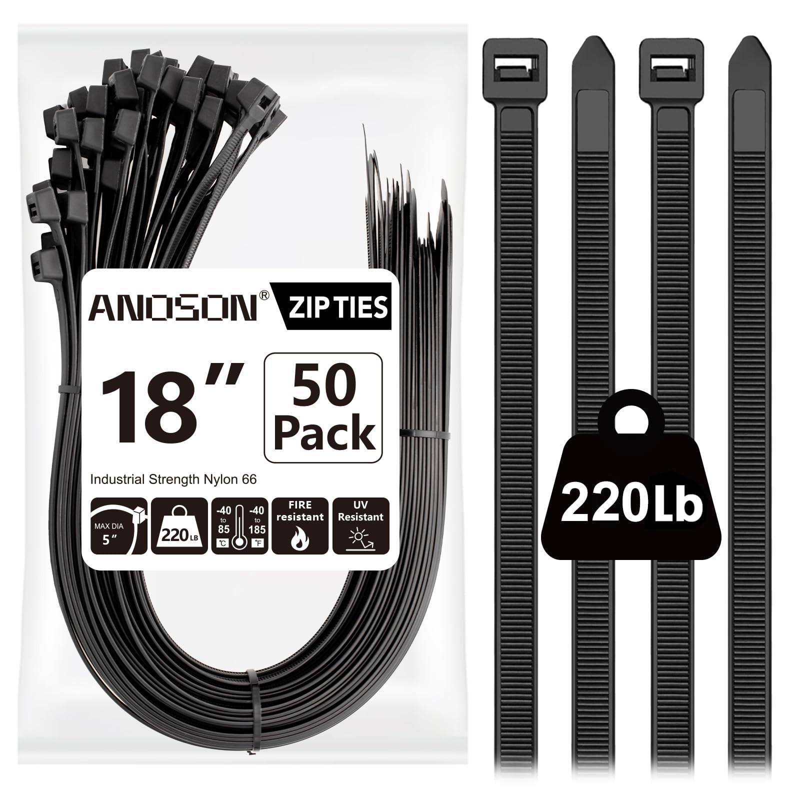 Zip Ties 18 Inch 50 Pack Heavy Duty 220 lb Strength Cable Ties Black