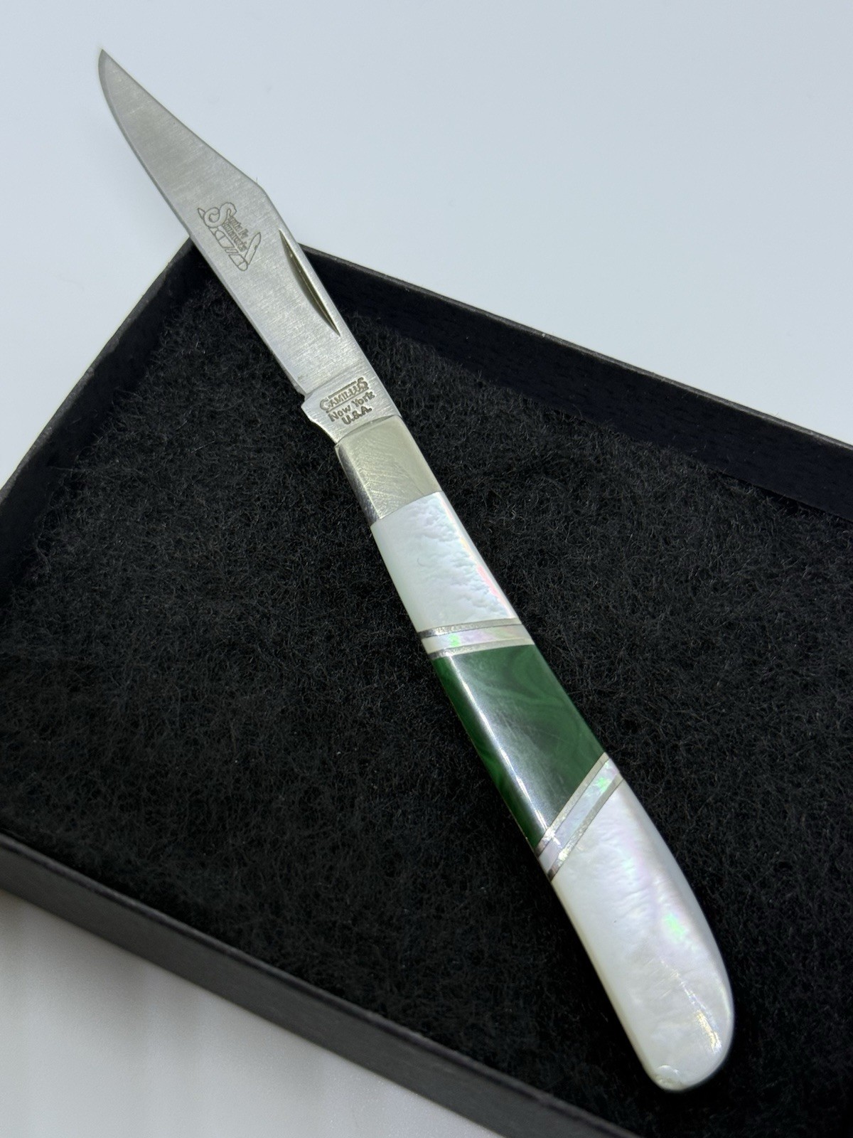 Santa Fe Stone Works Malachite/White Pearl/Ebony Pocket Knife by Camillus USA