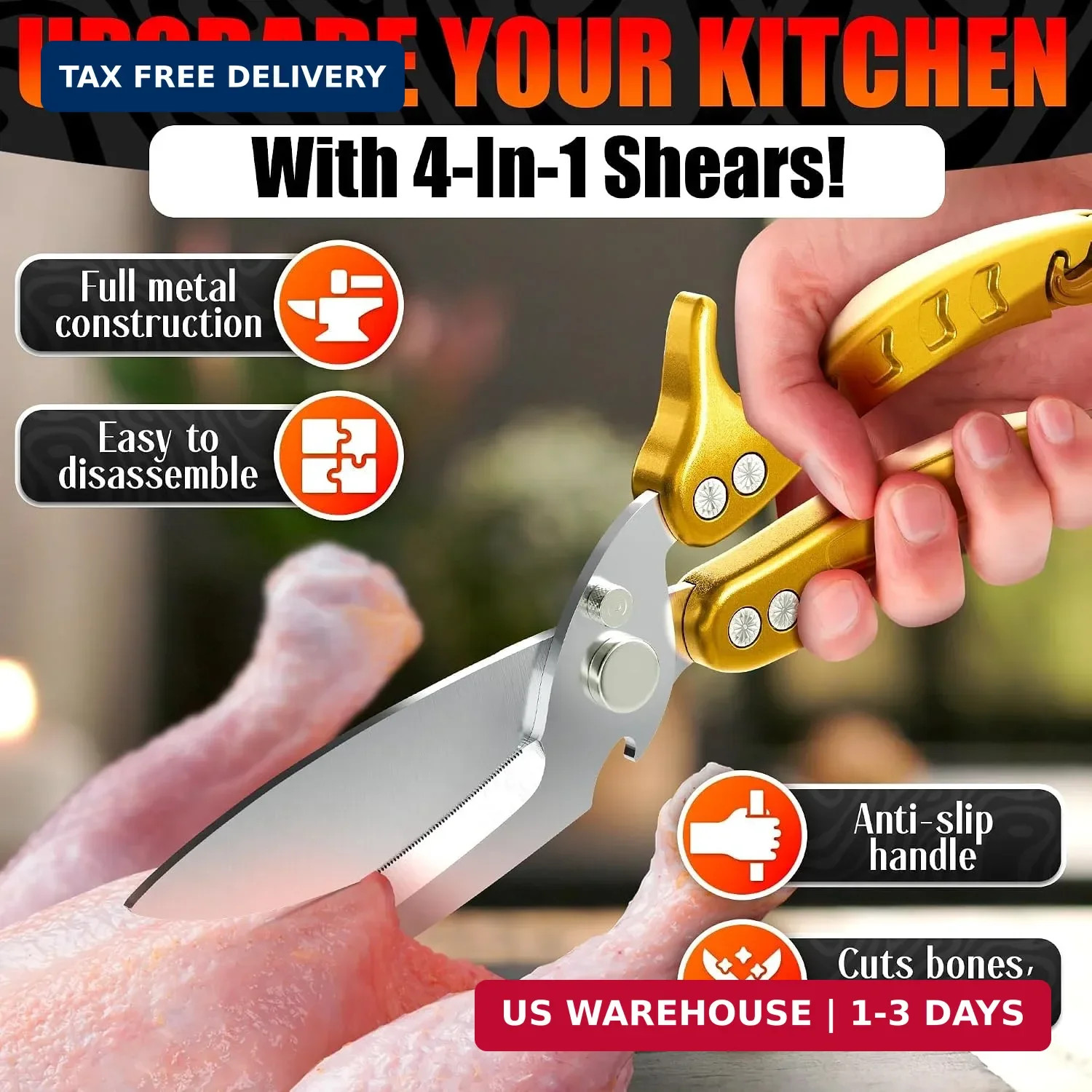 Heavy Duty Poultry Shears - Kitchen Shears Dishwasher Safe, Spring-Loaded, 3Cr14