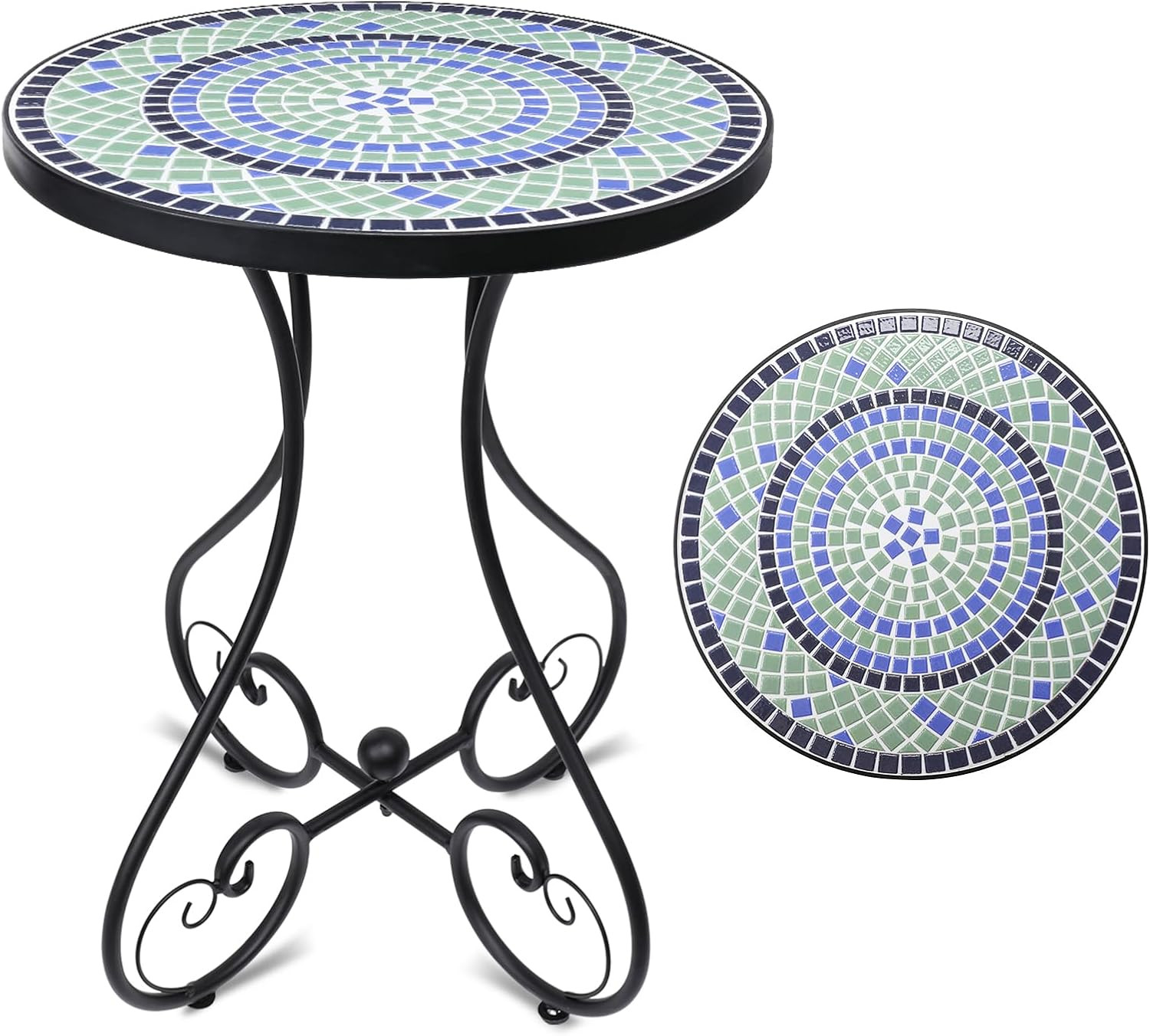 Mosaic Outdoor Side Table, Round Rustproof Patio Table with 14" Ceramic Tile Top