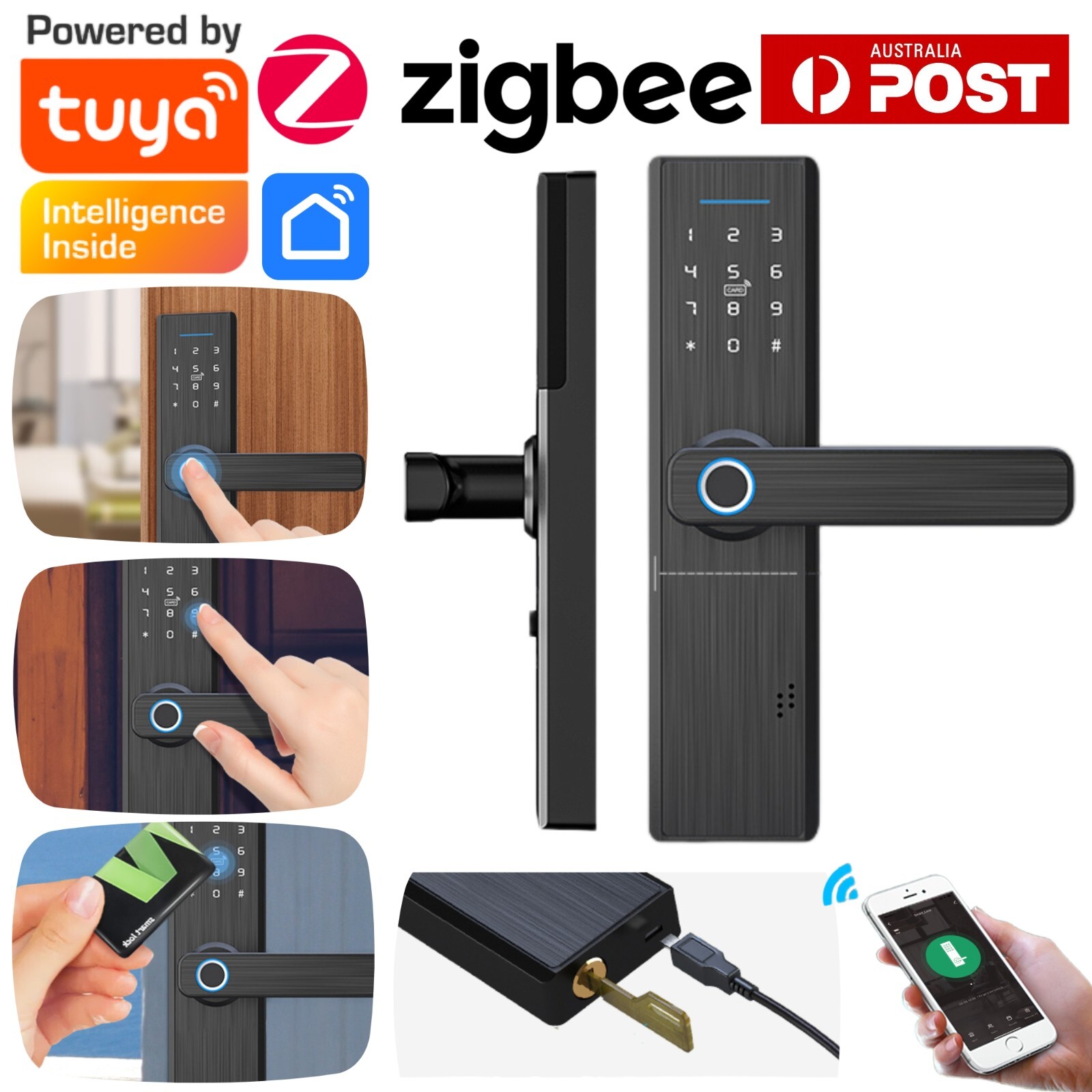 Smart Door Lock Electronic Digital Fingerprint Password Card Key Tuya Zigbee APP
