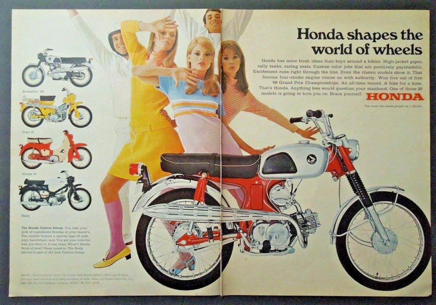 1967 HONDA Motorcycles 2 Page Magazine Ad - Honda Shapes The World Of Wheels