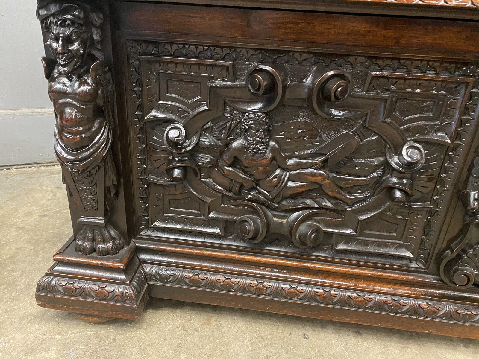 CARVED FIGURAL WALNUT BENCH