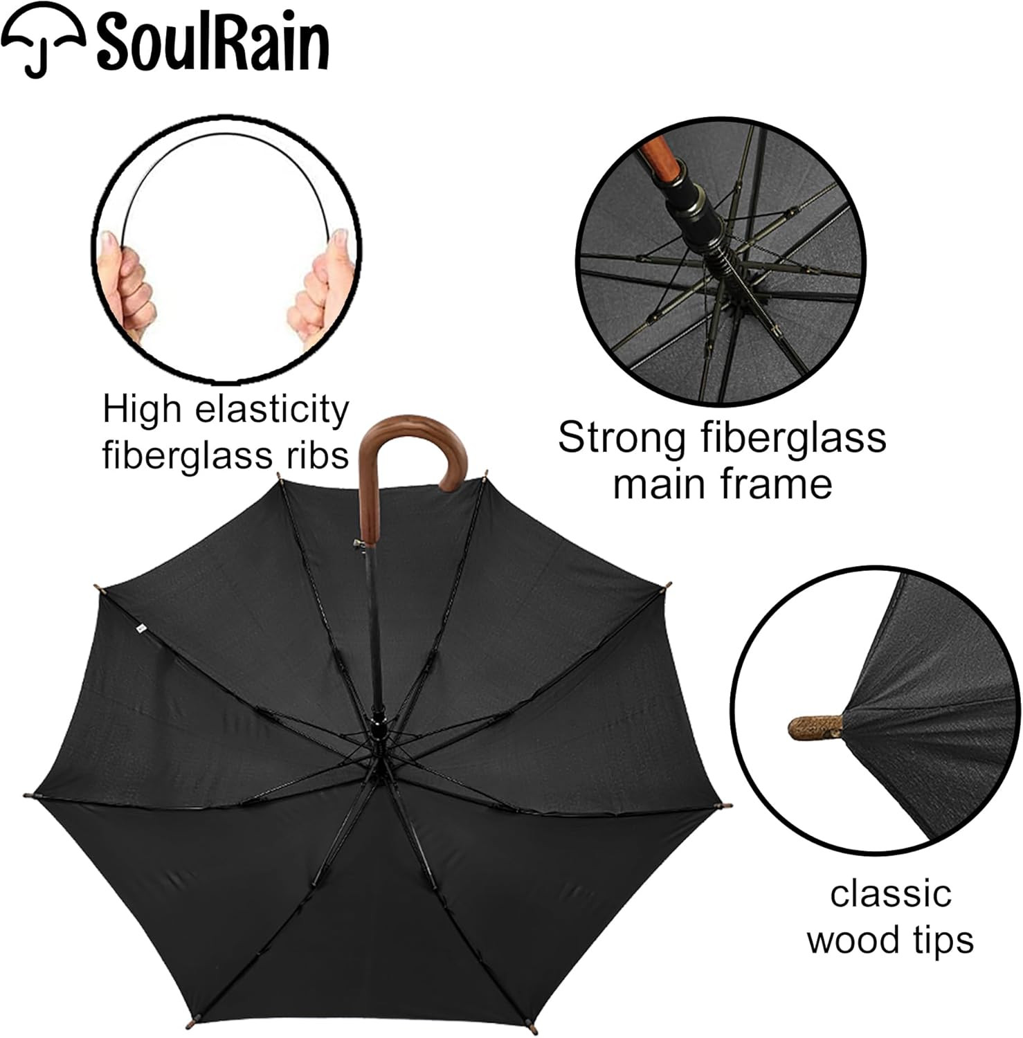 48" Black Umbrella – Stick Windproof Large Umbrellas for Rain, Automatic Open fo