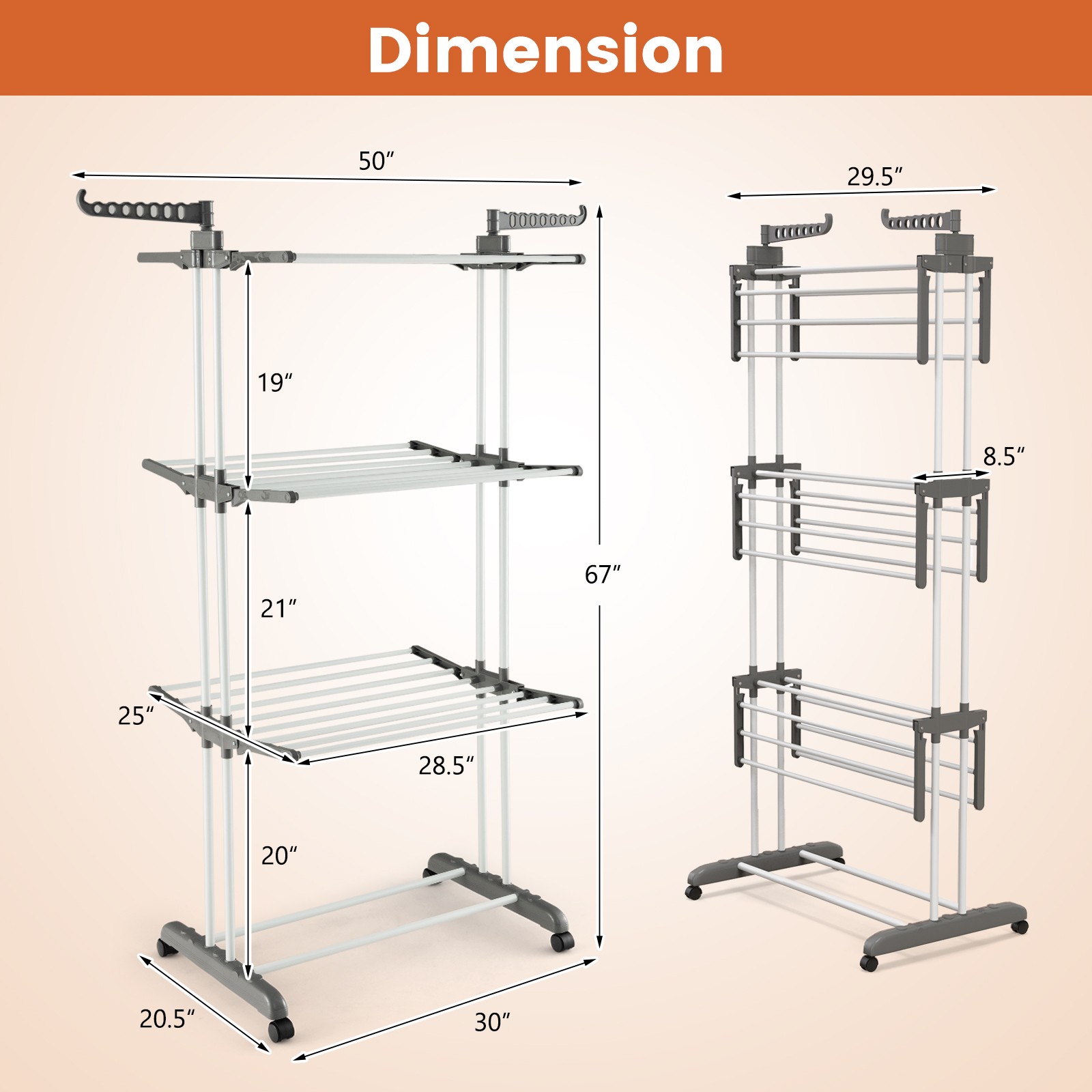 3-tier Folding Clothes Drying Rack w/ Rotatable Side Wings & Collapsible Shelves