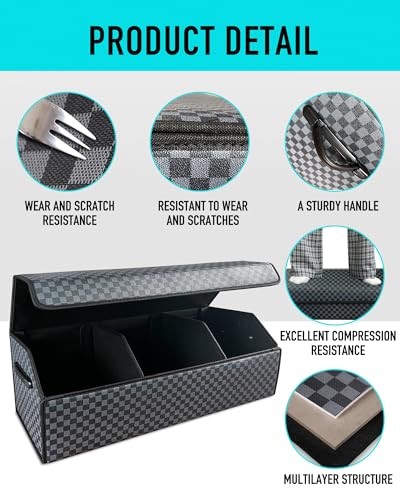 Trunk Organizer for SUV - Leather Storage Box, Magnetic Extra Large Checked