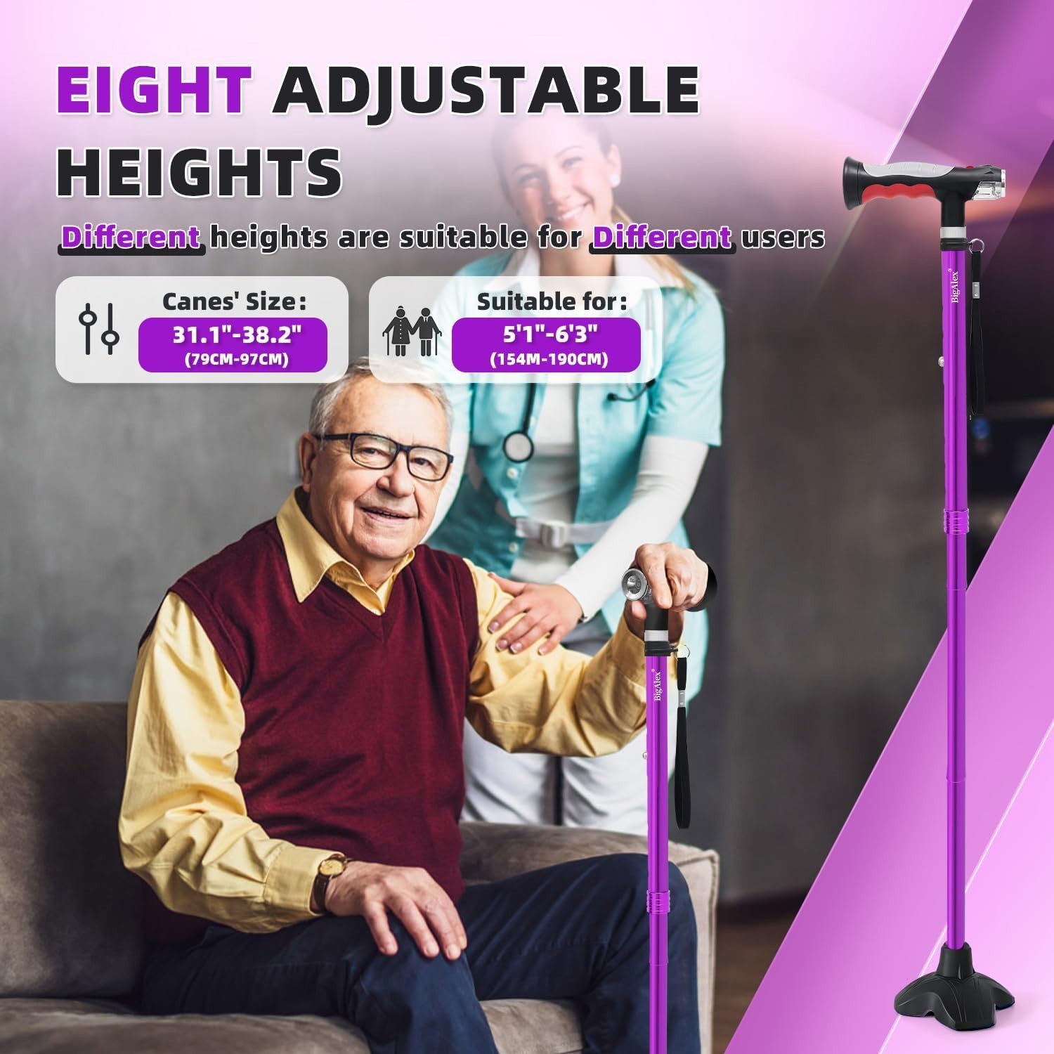 Adjustable Folding Walking Cane with 2 LED Lights Rubber Base Purple