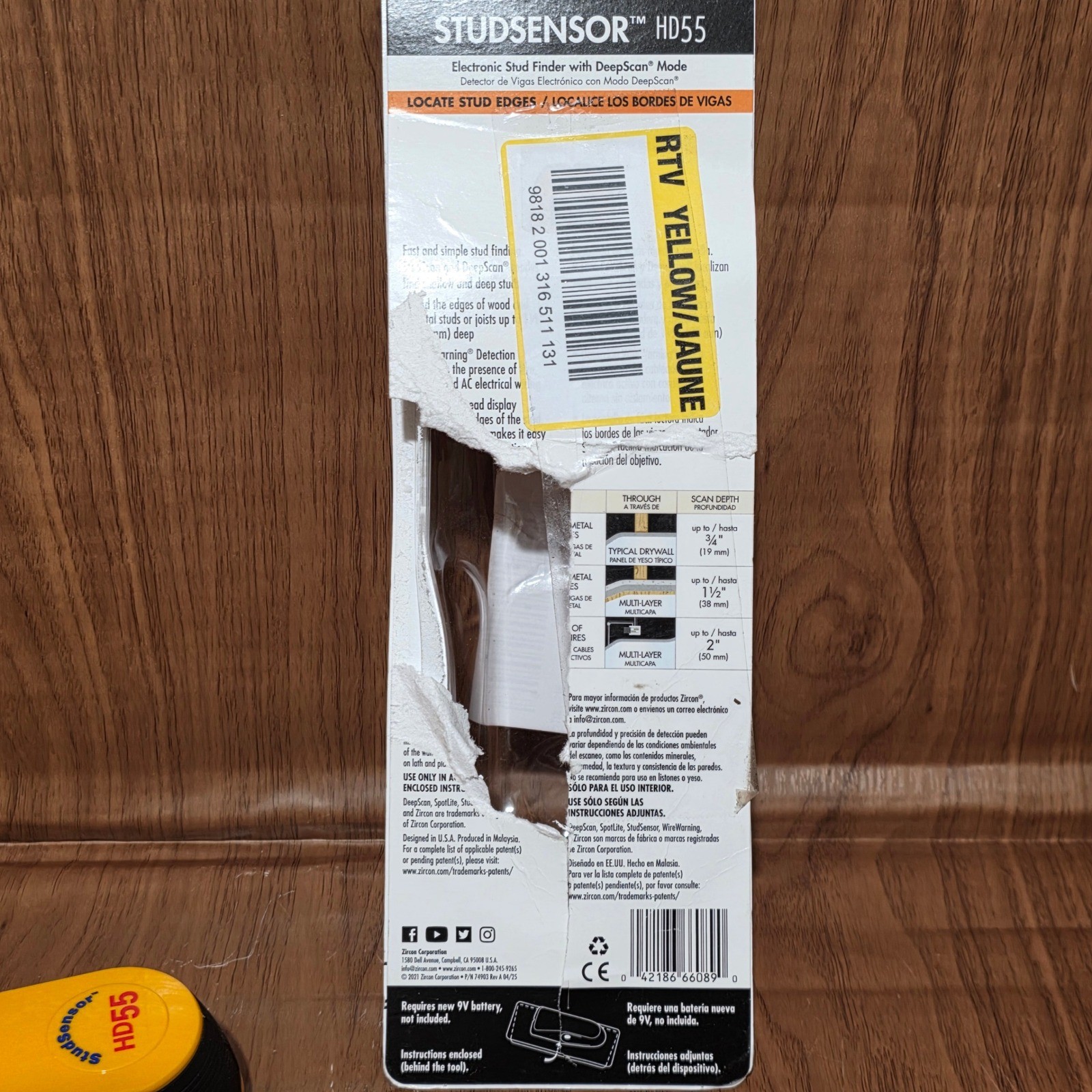 Zircon StudSensor HD55 Stud Finder with DeepScan Mode and WireWarning Yellow