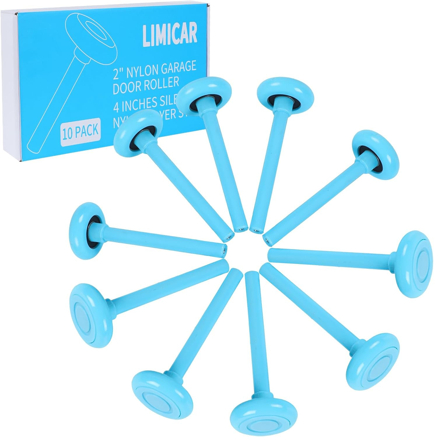 Quiet Nylon Garage Door Rollers 10 Pack, Sky Blue | 6200-2RS Dual Bearings