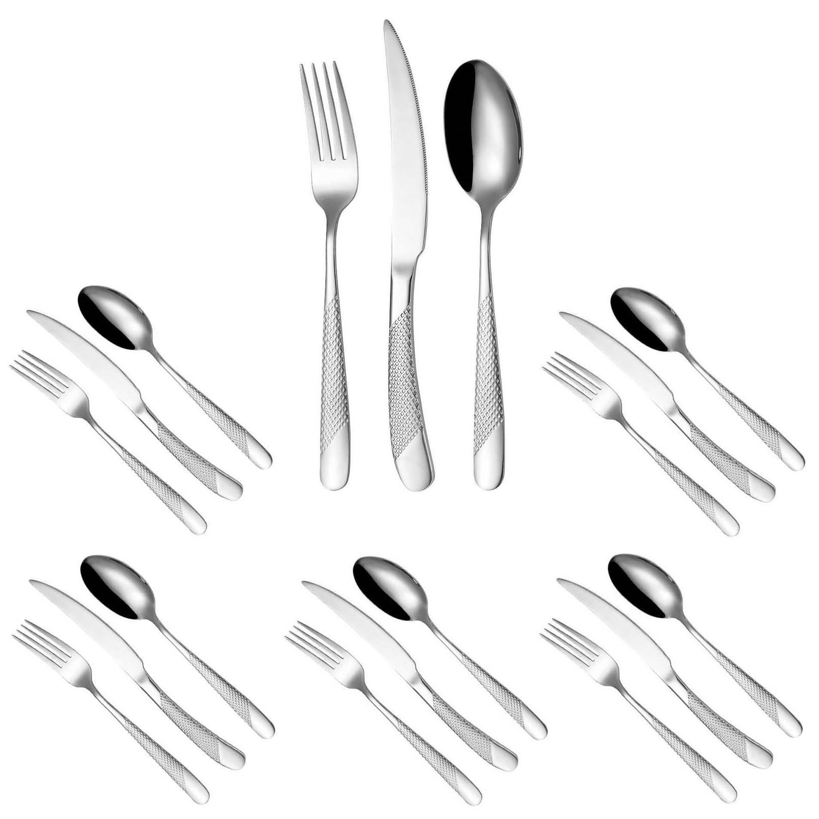 18-Piece Silver Hammered Silverware Set for 6 Stainless Steel Flatware