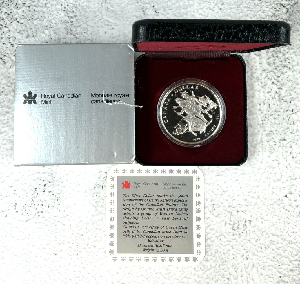 1990 CANADA SILVER ONE 1 dollar HENRY KELSEY TERCENTENARY PL coin IN BOX COA