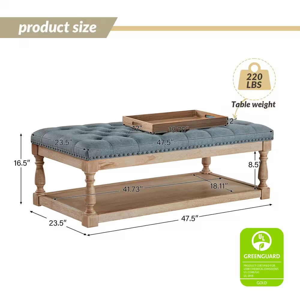 Jakob Blue Upholstered Storage Ottoman with Solid Wood Legs