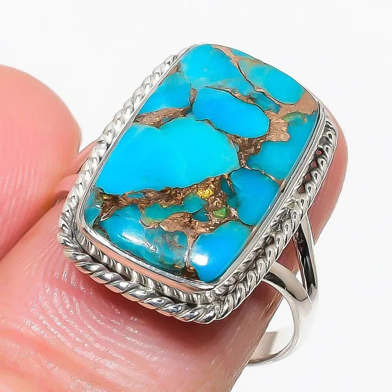 Handmade Genuine Blue Copper Turquoise Ring: 925 Solid Sterling Silver  All Size