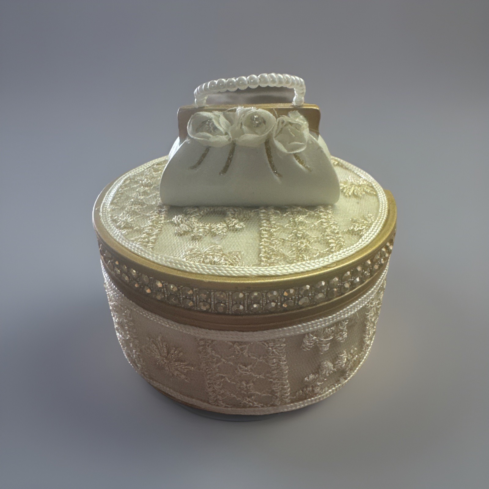Trinket Box With Textured Ribbon And Rhinestone Embellishments,￼ 3 3/4 “x 2”