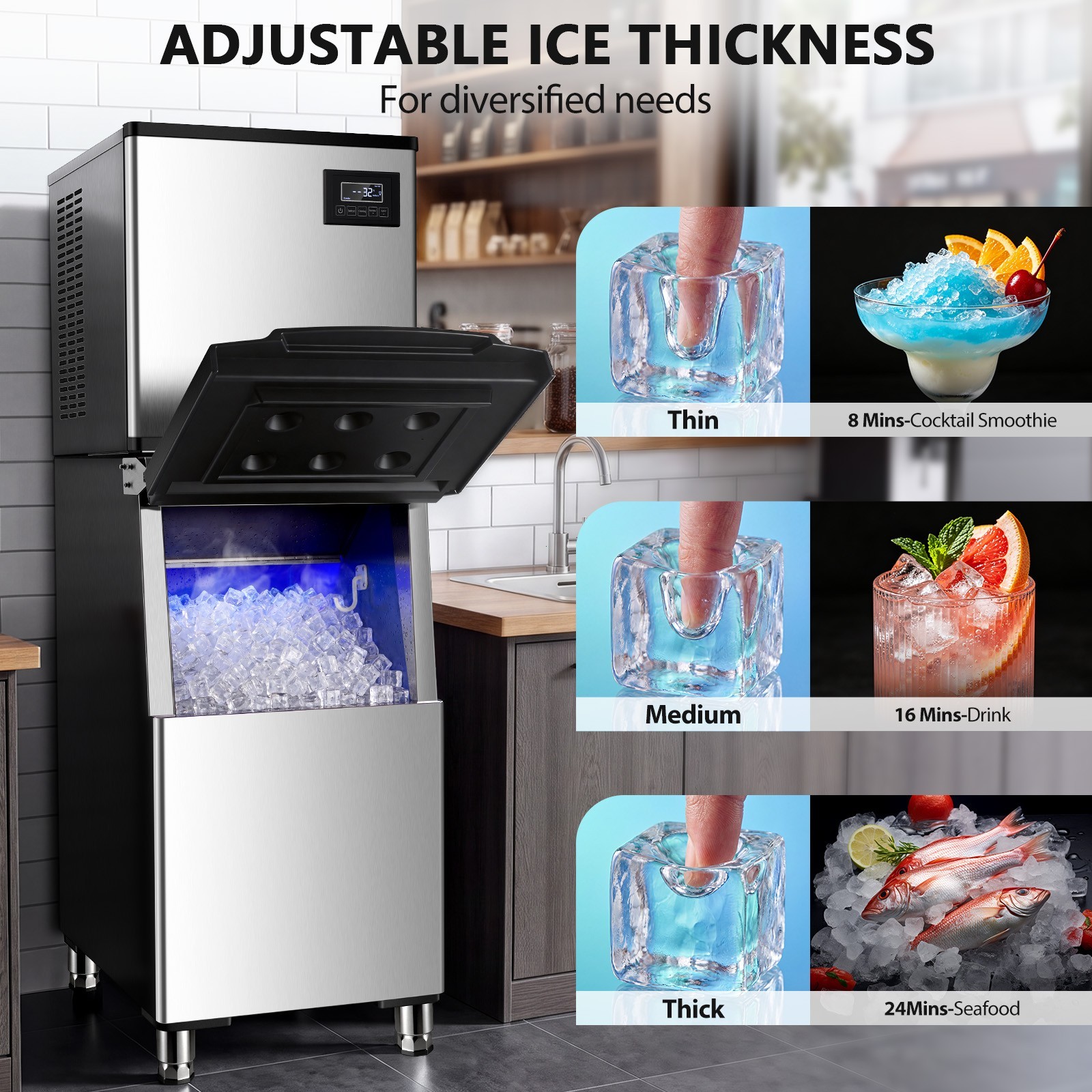 450lbs Commercial Ice Machine 156 Cubes 8-16Mins Making, Freestanding 2200Drinks