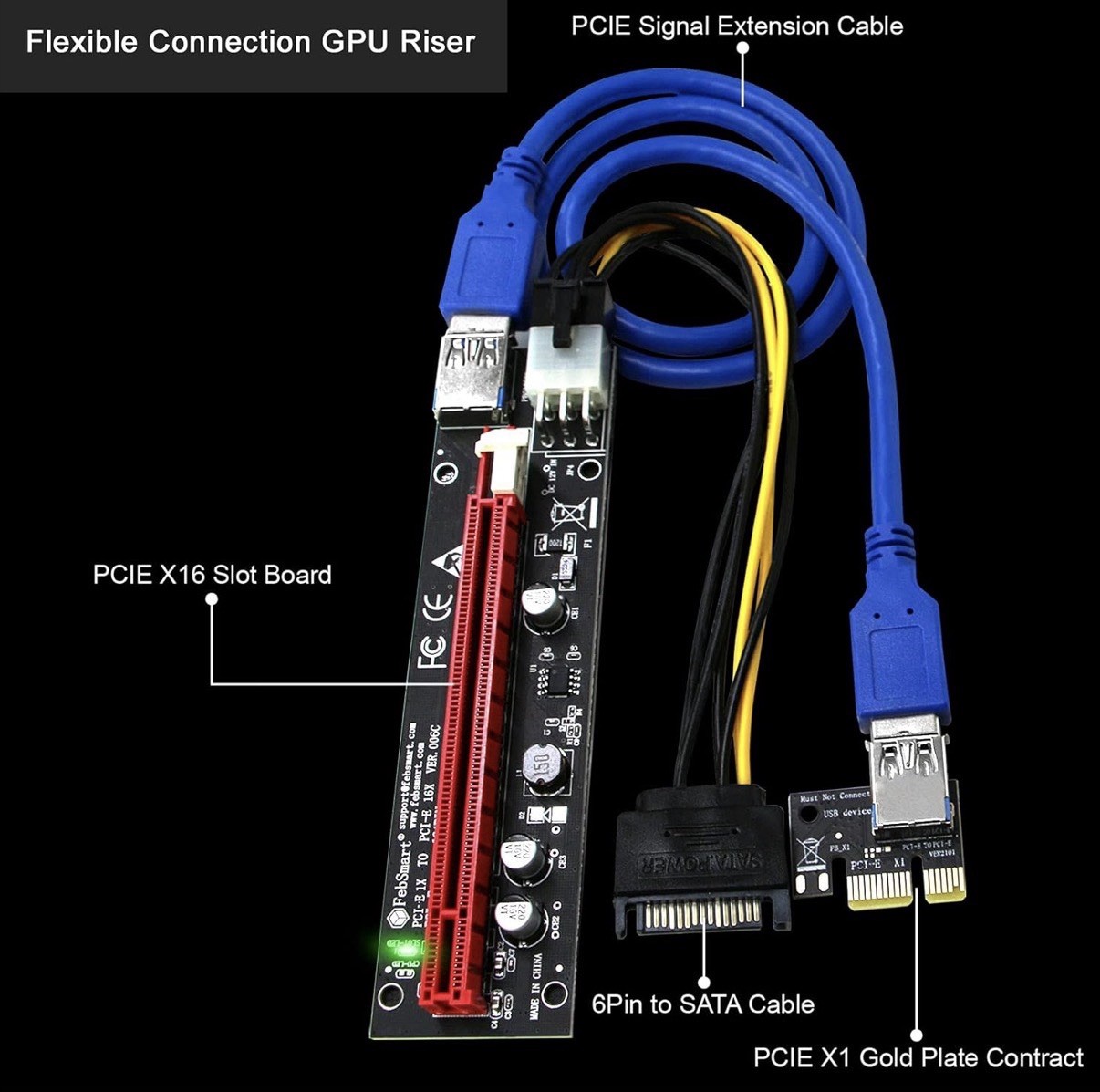 GPU Riser for Ethereum Mining Rigs, PCIE Risers for ETH Mining Rigs, 6PCS Black