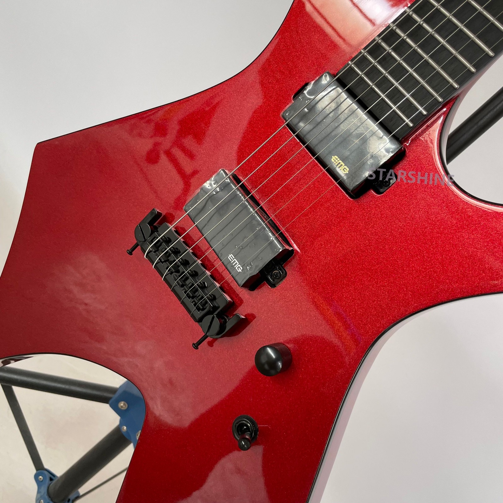 Ledux Solid Body Electric Guitar Rounded Fret Fixed Bridge Red top black binding