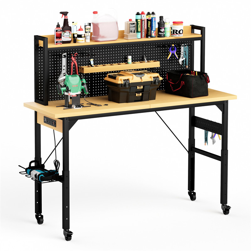 71'' Adjustable Workbench with Wheels Pegboard AC/USB Outlet Hooks Shelf 1600 lb