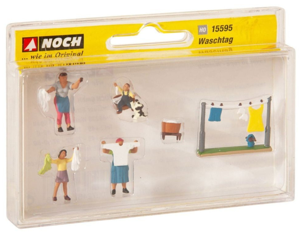 Noch 15595, HO Scale Laundry Day, 4 figures, Clothesline, Hampers