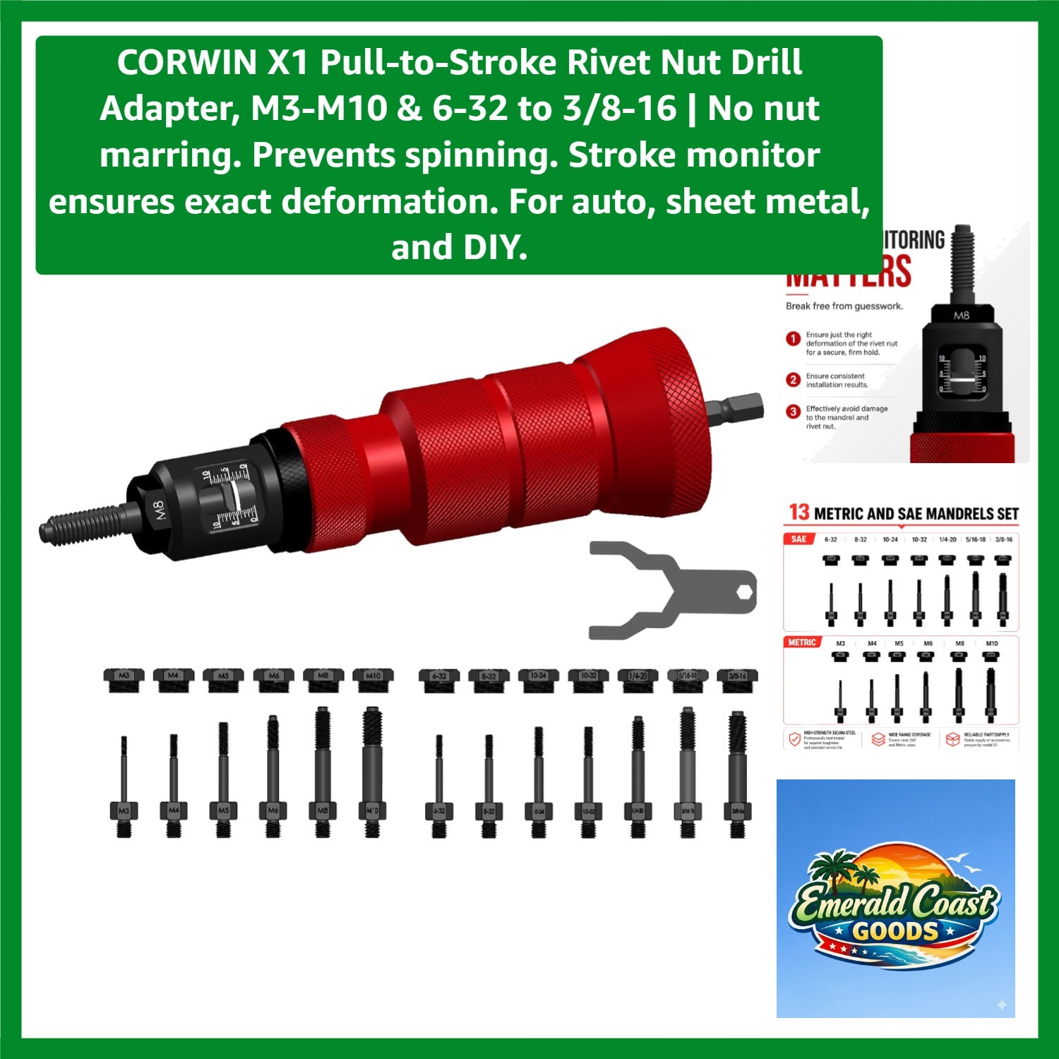Pull-to-Stroke Rivet Nut Drill Adapter, M3-M10 & 6-32 to 3/8-16 | No nut marr...