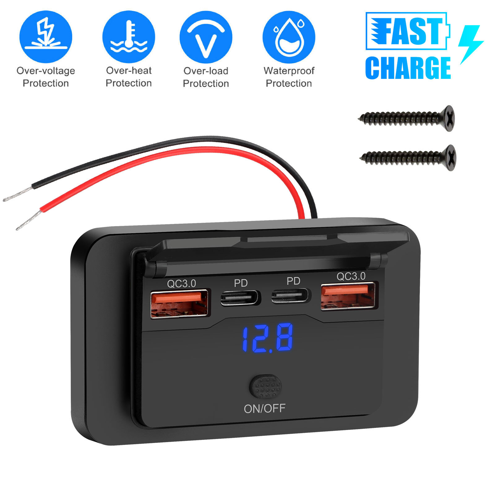 Fast USB Car Charger Socket Panel LED Voltmeter QC3.0 & PD Power Outlet 12-24V