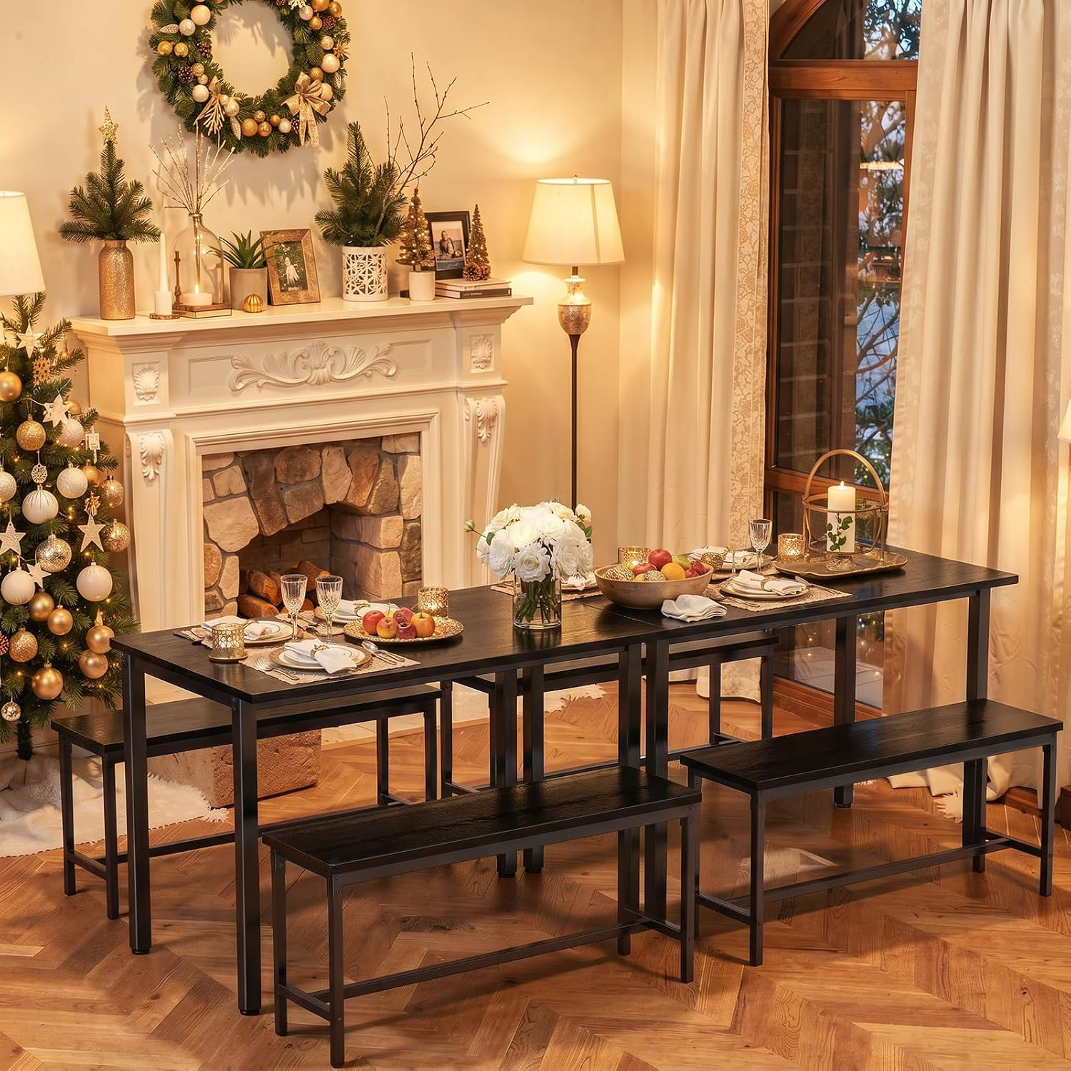 Dining Table Set for 4, Kitchen Table with 2 Benchs, Black | Modern Functional 3