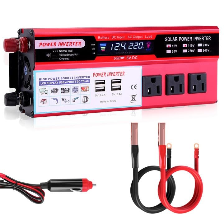 Loddery 2000 850W Solar Power Inverter 12V to 110V-120V AC 3 AC Outlets 2 USB