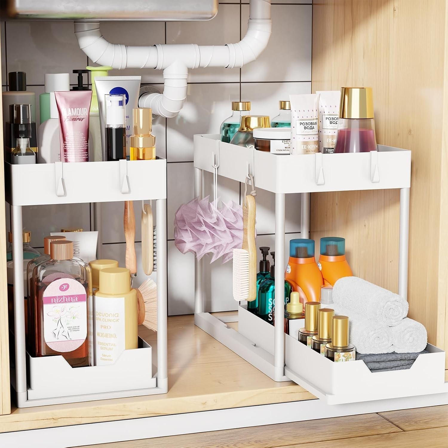 2pack Under Sink Organizer with Sliding Drawer, White | 2-Tier Multi-Use