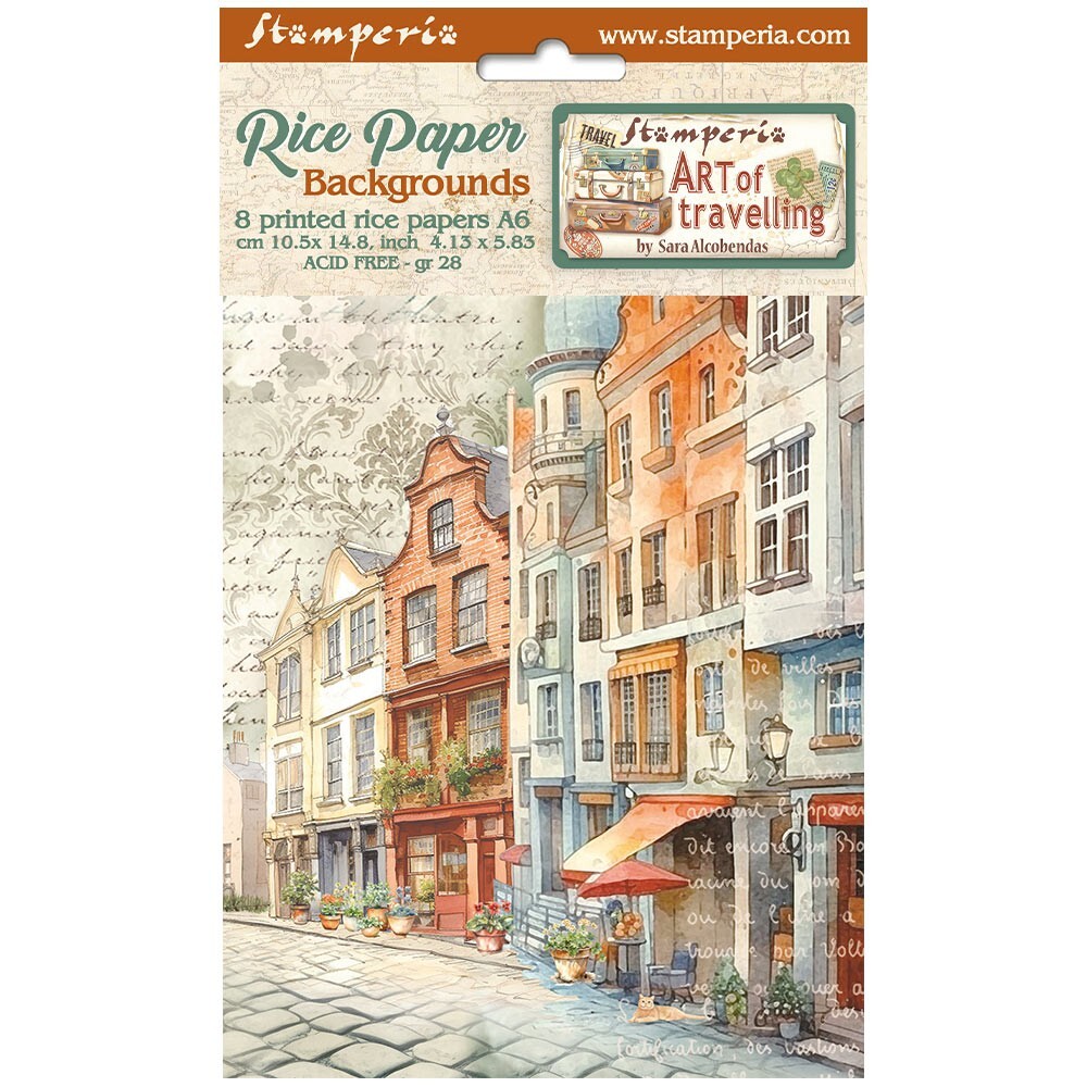 Stamperia A6 RICE PAPER - ART OF TRAVELLING - 8 ASSORTED SHEETS - 10.5 x 14.8cm