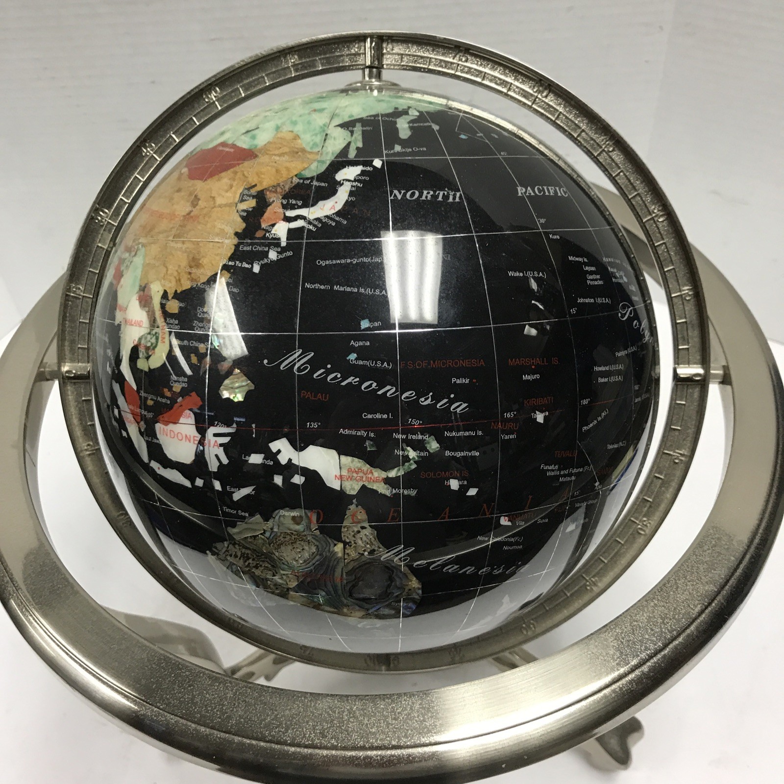 World Globe-Semi-Precious Inlaid Stone and Shells w Compass 8” Globe