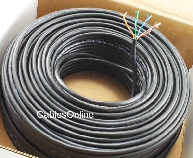 250ft Cat5e 350MHz UTP 24AWG solid pure copper, Riser Rated CMR Cable, Black