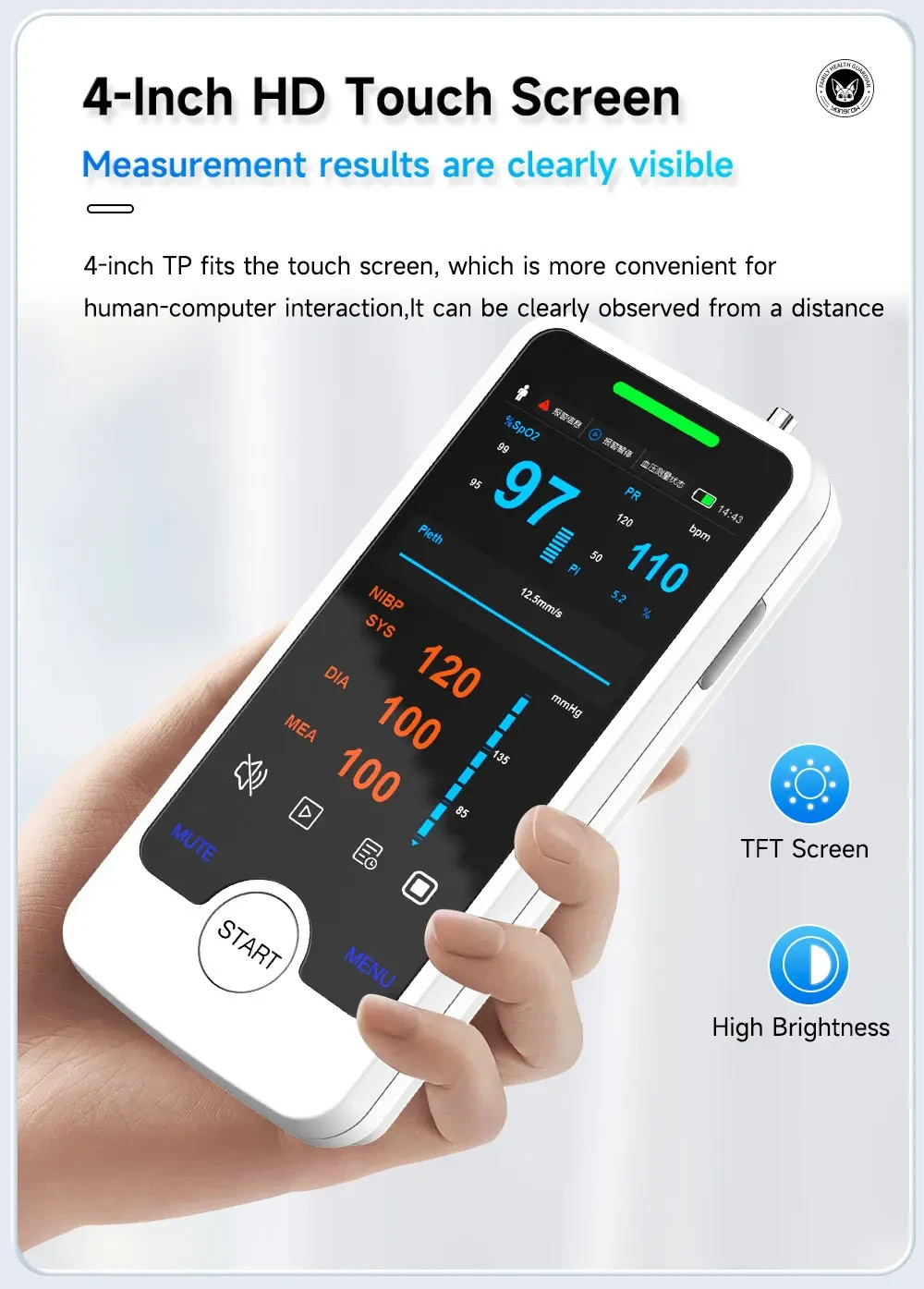 4" Touch Screen Vital Signs Monitor w/ SpO2, EtCO2 - Stand & Charger Included