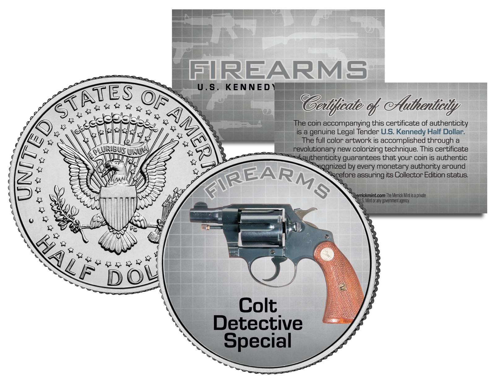 COLT DETECTIVE SPECIAL Gun Firearm JFK Kennedy Half Dollar US Colorized Coin